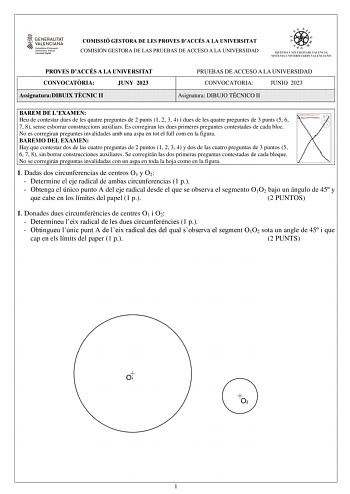 COMISSIÓ GESTORA DE LES PROVES DACCÉS A LA UNIVERSITAT COMISIÓN GESTORA DE LAS PRUEBAS DE ACCESO A LA UNIVERSIDAD PROVES DACCÉS A LA UNIVERSITAT CONVOCATRIA JUNY 2023 AssignaturaDIBUIX TCNIC II PRUEBAS DE ACCESO A LA UNIVERSIDAD CONVOCATORIA JUNIO 2023 Asignatura DIBUJO TÉCNICO II BAREM DE LEXAMEN Heu de contestar dues de les quatre preguntes de 2 punts 1 2 3 4 i dues de les quatre preguntes de 3 punts 5 6 7 8 sense esborrar construccions auxiliars Es corregiran les dues primeres preguntes cont…