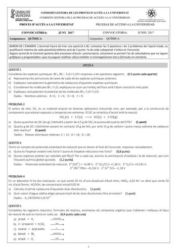 Examen de Química (PAU de 2017)