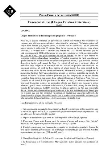 Examen de Lengua Catalana y Literatura (PAU de 2011)
