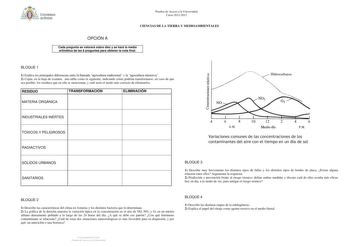 Pruebas de Acceso a la Universidad Curso 20122013 CIENCIAS DE LA TIERRA Y MEDIOAMBIENTALES OPCIÓN A Cada pregunta se valorará sobre diez y se hará la media aritmética de las 8 preguntas para obtener la nota final BLOQUE 1 1 Explica las principales diferencias entre la llamada agricultura tradicional y la agricultura intensiva 2 Copia en la hoja de examen una tabla como la siguiente indicando cómo podrían transformarse en caso de que sea posible los residuos que en ella se mencionan y cuál sería…