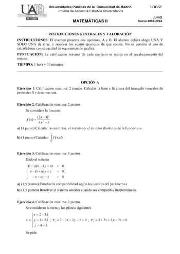 Examen de Matemáticas II (selectividad de 2004)