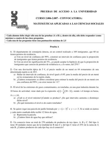 Examen de Matemáticas Aplicadas a las Ciencias Sociales (selectividad de 2007)