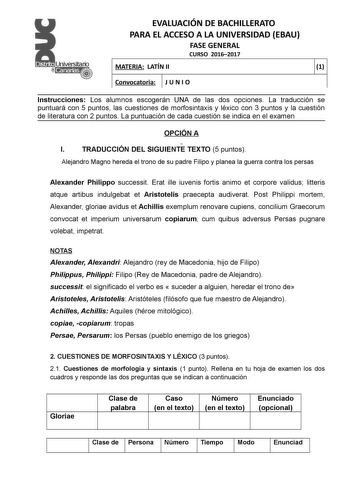 EVALUACIÓN DE BACHILLERATO PARA EL ACCESO A LA UNIVERSIDAD EBAU FASE GENERAL CURSO 20162017 MATERIA LATÍN II 1 Convocatoria J U N I O 1 1 Instrucciones Los alumnos escogerán UNA de las dos opciones La traducción se puntuará con 5 puntos las cuestiones de morfosintaxis y léxico con 3 puntos y la cuestión de literatura con 2 puntos La puntuación de cada cuestión se indica en el examen OPCIÓN A I TRADUCCIÓN DEL SIGUIENTE TEXTO 5 puntos Alejandro Magno hereda el trono de su padre Filipo y planea la…