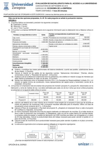 EVALUACIÓN DE BACHILLERATO PARA EL ACCESO A LA UNIVERSIDAD CONVOCATORIA DE SEPTIEMBRE DE 2019 EJERCICIO DE ECONOMÍA DE LA EMPRESA TIEMPO DISPONIBLE 1 hora 30 minutos PUNTUACIÓN QUE SE OTORGARÁ A ESTE EJERCICIO véanse las distintas partes del examen Elija una de las dos opciones propuestas A o B En cada pregunta se señala la puntuación máxima OPCIÓN A 1 3 puntos Defina con brevedad y precisión los siguientes conceptos a Expansión1 punto b Absorción 1 punto c Just in Time 1 punto 2 35 puntos La e…