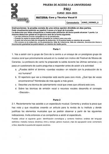 Examen de Coro y Técnica Vocal (EBAU de 2025)