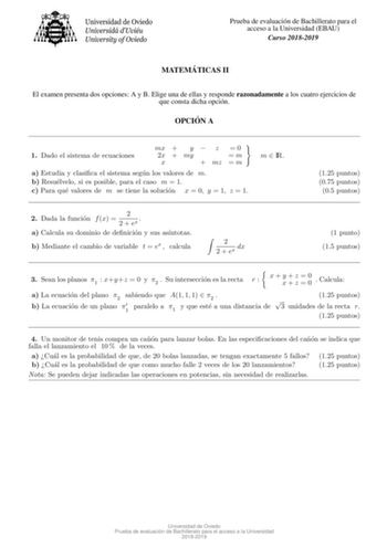 Examen de Matemáticas II (EBAU de 2019)