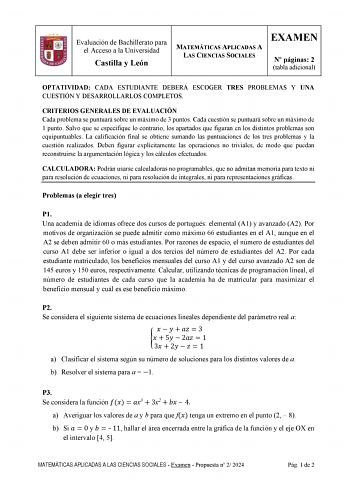 Examen de Matemáticas Aplicadas a las Ciencias Sociales (EBAU de 2024)