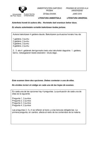 Examen de Literatura Universal (PAU de 2010)