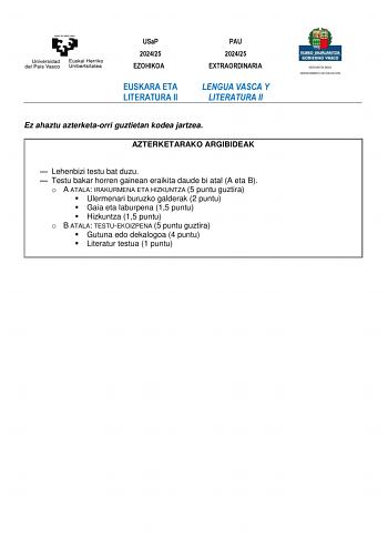 Examen de Lengua Vasca y Literatura (EAU de 2025)