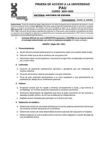 Examen de Historia de España (EBAU de 2025)