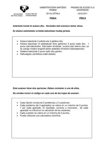 Examen de Física (PAU de 2011)