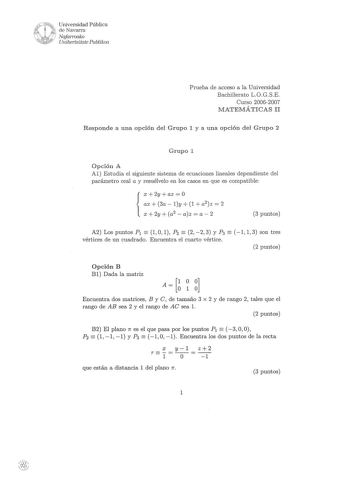 Examen de Matemáticas II (selectividad de 2007)