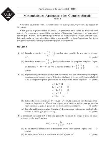 Examen de Matemáticas Aplicadas a las Ciencias Sociales (PAU de 2013)