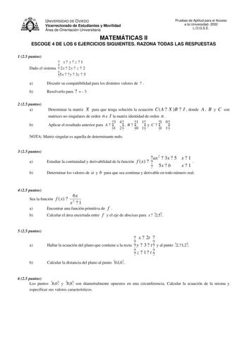 Examen de Matemáticas II (selectividad de 2002)