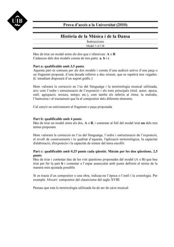 Examen de Historia de la Música y de la Danza (PAU de 2010)