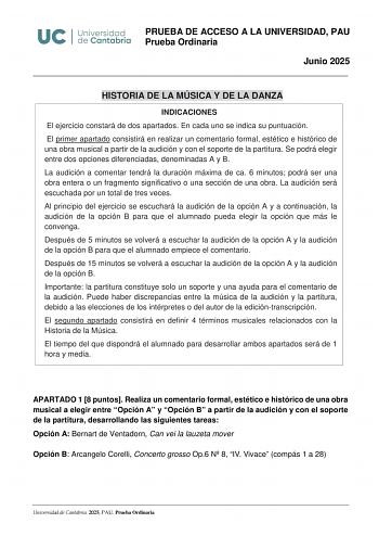 Examen de Historia de la Música y de la Danza (EBAU de 2025)