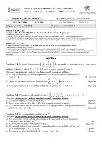 Examen de Matemáticas II (PAU de 2019)