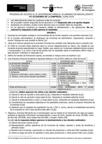 UNIVERSIDAD DE MURCIA Ih Región de Murcia Universidad Politécnica de Cartagena PRUEBAS DE ACCESO A LA UNIVERSIDAD PARA EL ALUMNADO DE BACHILLERATO 147 ECONOMÍA DE LA EMPRESA JUNIO 2016  Lea detenidamente todas las cuestiones antes de comenzar  No se pueden mezclar preguntas de las opciones A y B Responda sólo a la opción elegida  Exprésese con claridad y preste mucha atención para no cometer faltas de ortografía  En los ejercicios numéricos es necesario reflejar el planteamiento y las operacion…