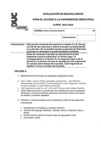 Examen de Coro y Técnica Vocal (EBAU de 2024)