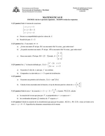 Examen de Matemáticas II (selectividad de 2001)