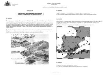 Universidad de Oviedo Pruebas de Acceso a la Universidad Curso 20132014 CIENCIAS DE LA TIERRA Y MEDIOAMBIENTALES OPCIÓN A Cada pregunta se valorará sobre diez y se hará la media aritmética de las 8 preguntas para obtener la nota final BLOQUE 2 1 Qué es un acuífero libre Apoyándote en un esquema explica sus características 2 Qué se entiende por sobreexplotación de un acuífero Explica al menos dos problemas derivados BLOQUE 1 En la figura se presenta un pueblo en el que en los últimos años ha aum…