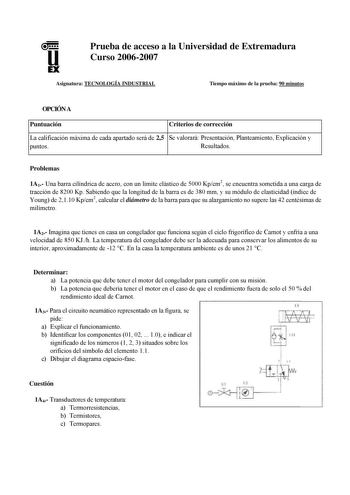 u EX Prueba de acceso a la Universidad de Extremadura Curso 20062007 Asignatura TECNOLOGÍA INDUSTRIAL Tiempo máximo de la prueba 90 minutos OPCIÓN A Puntuación Criterios de corrección La calificación máxima de cada apartado será de 25 Se valorará Presentación Planteamiento Explicación y puntos Resultados Problemas 1A1 Una barra cilíndrica de acero con un límite elástico de 5000 Kpcm2 se encuentra sometida a una carga de tracción de 8200 Kp Sabiendo que la longitud de la barra es de 380 mm y su …