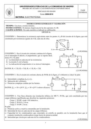 Examen de Electrotecnia (PAU de 2010)