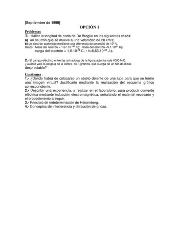 Septiembre de 1998 OPCIÓN 1 Problemas 1 Hallar la longitud de onda de De Broglie en los siguientes casos a un neutrón que se mueve a una velocidad de 20 kms b un electrón acelerado mediante una diferencia de potencial de 104 V Datos Masa del neutrón  16710 27 Kg masa del electrón 911031 Kg carga del electrón  161019 C  h6631034 Js 2 El campo eléctrico entre las armaduras de la figura adjunta vale 4000 NC Cuánto vale la carga q de la esfera de 3 gramos que cuelga de un hilo de masa despreciable …