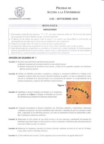 PRUEBAS DE Accrso A LA UNIVERSIDAD LOE SEPTIEMBRE 2010 BIOLOGÍA INDICACIONES 1 Fse examen conslo de dos opciones 1 y 2 con sioe cuesfonls ceda UíC De entre lo dos c pcio I1es pc pueslos el alumno deber6 escoger uno poro resporcer 2 CI olumno lc de indico de rnoneo coo lo opción l o cuesón que desa rrollara o conhnuccl611 se recorerdo qe el ordln sea el msmo que se rsobtece en esre cueshorolo 3 l eerclcio se puriluo sobre l O odas os cuas ones 1roren gol punuocon 4 loe esquemas o d1buos que se p…