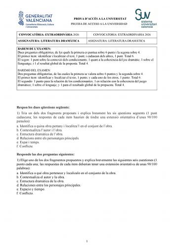 Literatura Dramática – PAU Comunidad Valenciana (2026)