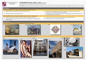 EVALUACIÓN de BACHILLERATO para el ACCESO a la UNIVERSIDAD FUNDAMENTOS DEL ARTE II 2023 Propuesta 1 La prueba consta de dos partes Parte Teórica y Parte Práctica Parte teórica Elegir una pregunta de las cuatro propuestas en el apartado 1 valoración máxima25 puntos y dos preguntas de las cuatro propuestas en el apartado 2 valoración máxima1 punto cada una Parte práctica Elegir una imagen de las cuatro propuestas en el apartado 1 valoración máxima25 puntos y tres imágenes de las seis propuestas e…