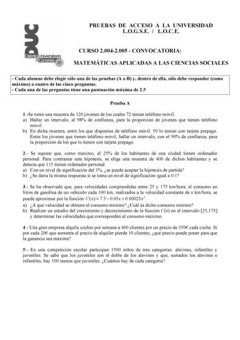 Examen de Matemáticas Aplicadas a las Ciencias Sociales (selectividad de 2005)