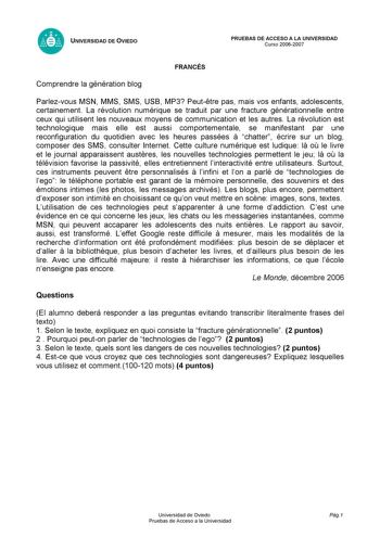 Examen de Francés (selectividad de 2007)
