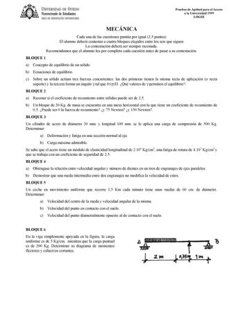 Examen de Mecánica (selectividad de 1999)
