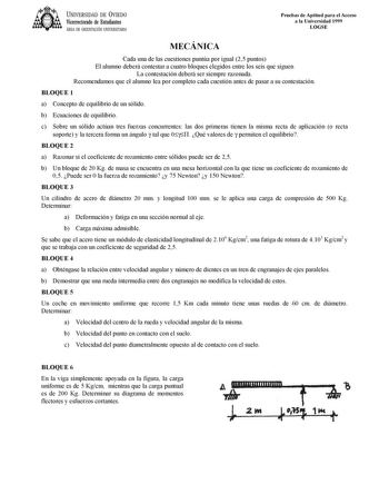 UNIVERSIDAD DE VIEDO Vicerrectorado de Estudiantes ÁREA DE ORIENTACIÓN UNIVERSITARIA Pruebas de Aptitud para el Acceso a la Universidad 1999 LOGSE MECÁNICA Cada una de las cuestiones puntúa por igual 25 puntos El alumno deberá contestar a cuatro bloques elegidos entre los seis que siguen La contestación deberá ser siempre razonada Recomendamos que el alumno lea por completo cada cuestión antes de pasar a su contestación BLOQUE 1 a Concepto de equilibrio de un sólido b Ecuaciones de equilibrio c…