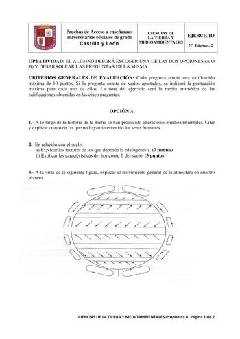 Pruebas de Acceso a enseñanzas universitarias oficiales de grado Castilla y León CIENCIAS DE LA TIERRA Y EJERCICIO MEDIOAMBIENTALES N Páginas 2 OPTATIVIDAD EL ALUMNO DEBERÁ ESCOGER UNA DE LAS DOS OPCIONES A Ó B Y DESARROLLAR LAS PREGUNTAS DE LA MISMA CRITERIOS GENERALES DE EVALUACIÓN Cada pregunta tendrá una calificación máxima de 10 puntos Si la pregunta consta de varios apartados se indicará la puntuación máxima para cada uno de ellos La nota del ejercicio será la media aritmética de las cali…