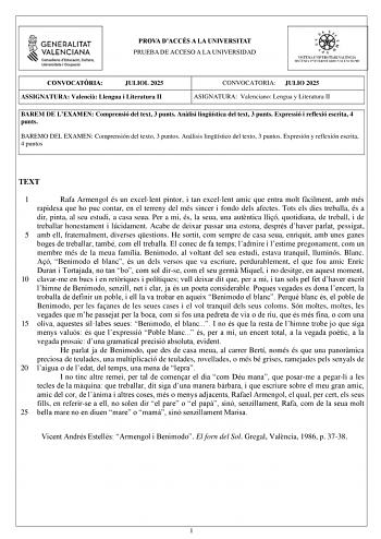 Examen de Lengua y Literatura (Valenciano) (PAU de 2025)