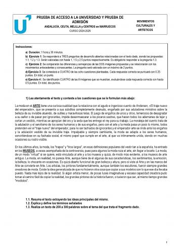 Examen de Movimientos Culturales y Artísticos (PEvAU de 2025)