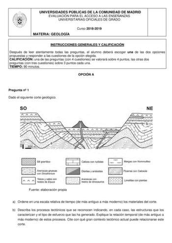 UNIVERSIDADES PÚBLICAS DE LA COMUNIDAD DE MADRID EVALUACIÓN PARA EL ACCESO A LAS ENSEÑANZAS UNIVERSITARIAS OFICIALES DE GRADO MATERIA GEOLOGÍA Curso 20182019 INSTRUCCIONES GENERALES Y CALIFICACIÓN Después de leer atentamente todas las preguntas el alumno deberá escoger una de las dos opciones propuestas y responder a las cuestiones de la opción elegida CALIFICACIÓN una de las preguntas con 4 cuestiones se valorará sobre 4 puntos las otras dos preguntas con tres cuestiones sobre 3 puntos cada un…