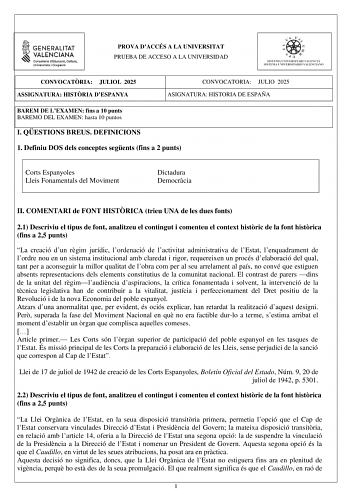 Examen de Historia de España (PAU de 2025)