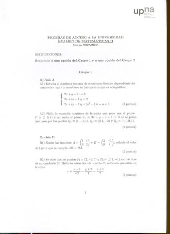 Examen de Matemáticas II (selectividad de 2008)