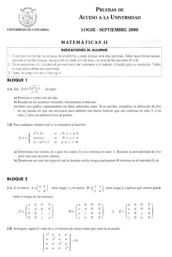 Examen de Matemáticas II (selectividad de 2000)