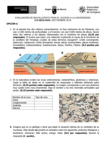 Examen de Geología y Ciencias Ambientales (EBAU de 2018)