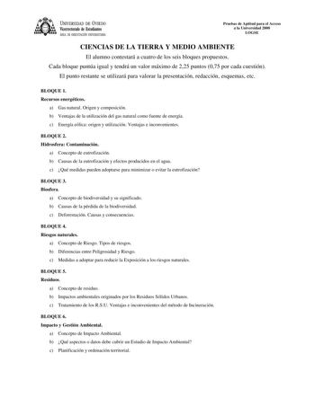 Examen de Ciencias de la Tierra y Medioambientales (selectividad de 2000)