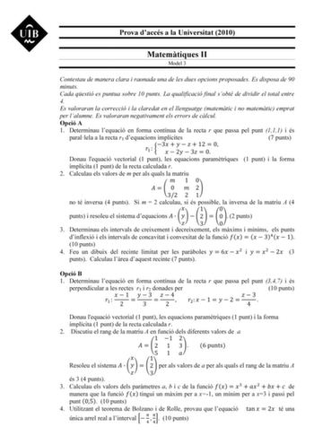 Examen de Matemáticas II (PAU de 2010)