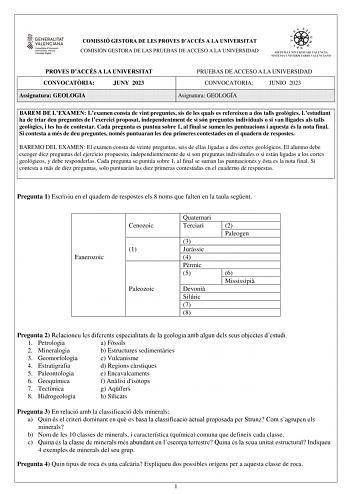 COMISSIÓ GESTORA DE LES PROVES DACCÉS A LA UNIVERSITAT COMISIÓN GESTORA DE LAS PRUEBAS DE ACCESO A LA UNIVERSIDAD PROVES DACCÉS A LA UNIVERSITAT CONVOCATRIA JUNY 2023 Assignatura GEOLOGIA PRUEBAS DE ACCESO A LA UNIVERSIDAD CONVOCATORIA JUNIO 2023 Asignatura GEOLOGÍA BAREM DE LEXAMEN Lexamen consta de vint preguntes sis de les quals es refereixen a dos talls geolgics Lestudiant ha de triar deu preguntes de lexercici proposat independentment de si són preguntes individuals o si van lligades als t…