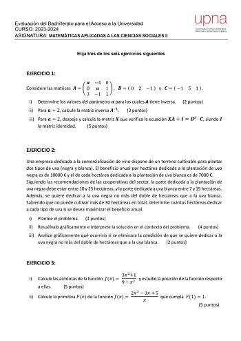 Examen de Matemáticas Aplicadas a las Ciencias Sociales (EvAU de 2024)