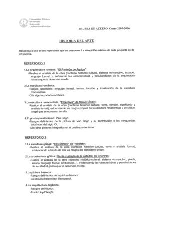 dUEn iNvavrsairdraad Pública ftJ  l p Nafanrxrko Ji  lfniltitate Publikoa PRUEBA DE ACCESO Curso 20052006 HISTORIA DEL ARTE Responda a uno de los repertorios que se proponen La valoración máxima de cada pregunta es de 215 puntos REPERTORIO 1 1La arquitectura romana El Panteón de Agripa Realice el análisis de la obra contexto históricocultural sistema constructivo espacio lenguaje fonnal señalando las características y peculiaridades de la arquitectura romana que se observan en ella 2La escultur…