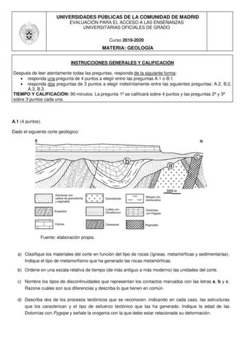Examen de Geología y Ciencias Ambientales (EvAU de 2020)