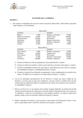 a    UNIVERSIDAD DE VlEDO Pruebas de Acceso a la Universidad Curso 20122013 OPCIÓN A ECONOMÍA DE LA EMPRESA 1 Dos empresas competidoras del sector de comercio mayorista MásporMás y MásporMenos presentan sendos balances a 31 de diciembre ACTIVO Bancos Medios de transporte Construcciones Existencias Mobiliario Clientes MásporMás PASIVO 2000 Deudas a corto plazo 28000 Capital social 140000 Proveedores 55000 Deudas a largo plazo 20000 Pérdidas y ganancias 12000 Reservas 15000 100000 45000 80000 200…